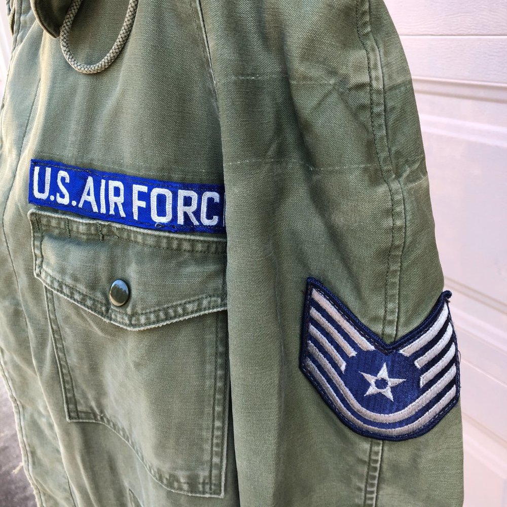 Vintage Men's US Air Force Military Jacket Hood Patches Med Reg Cotton OG 107 - Picture 8 of 12
